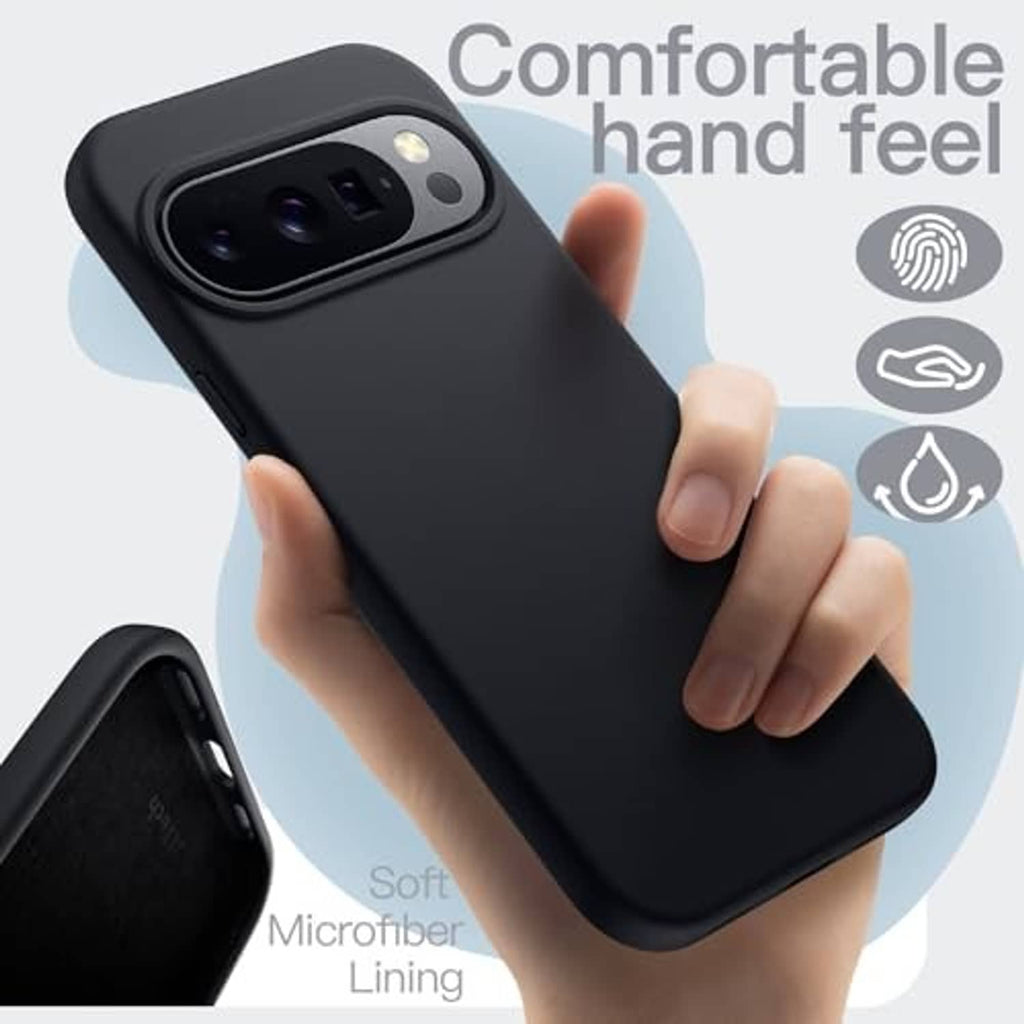 Obsidian black silicone case held in hand, corner protection and camera opening
