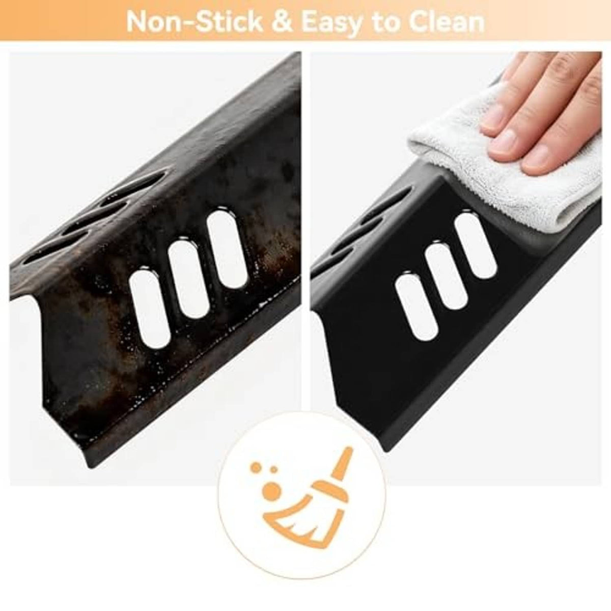Black grill flavorizer bar with vent slots, shown being wiped for easy cleaning