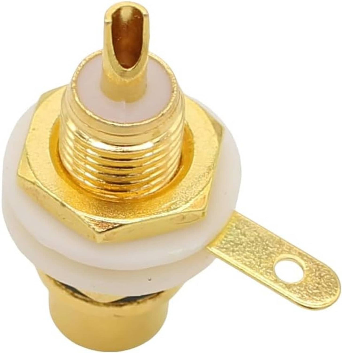 Gold-plated RCA panel-mount socket with white insulator and gold mounting tab, front close-up