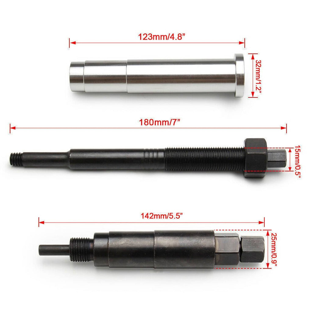 Spark plug remover tool kit with labeled dimensions for rods and sleeves