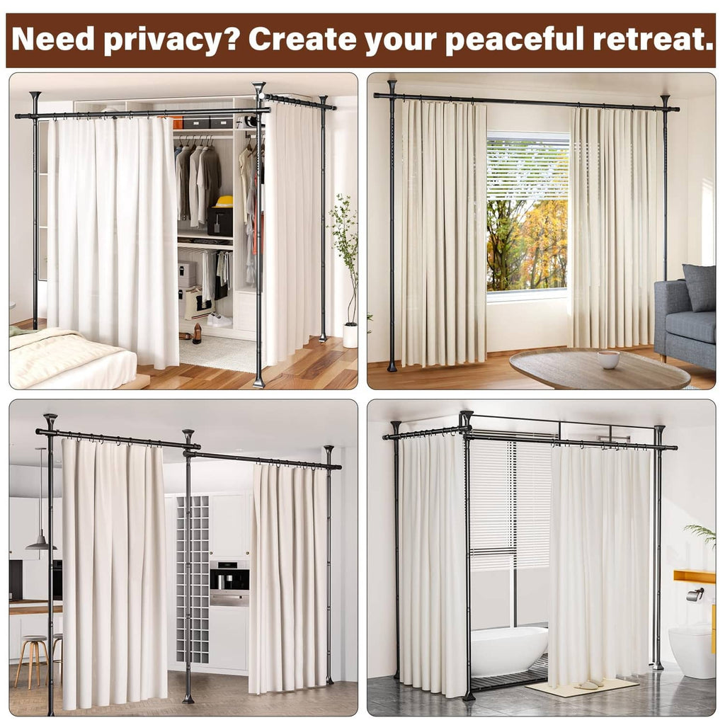 Black room divider curtain rod with cream privacy curtains in multiple layouts