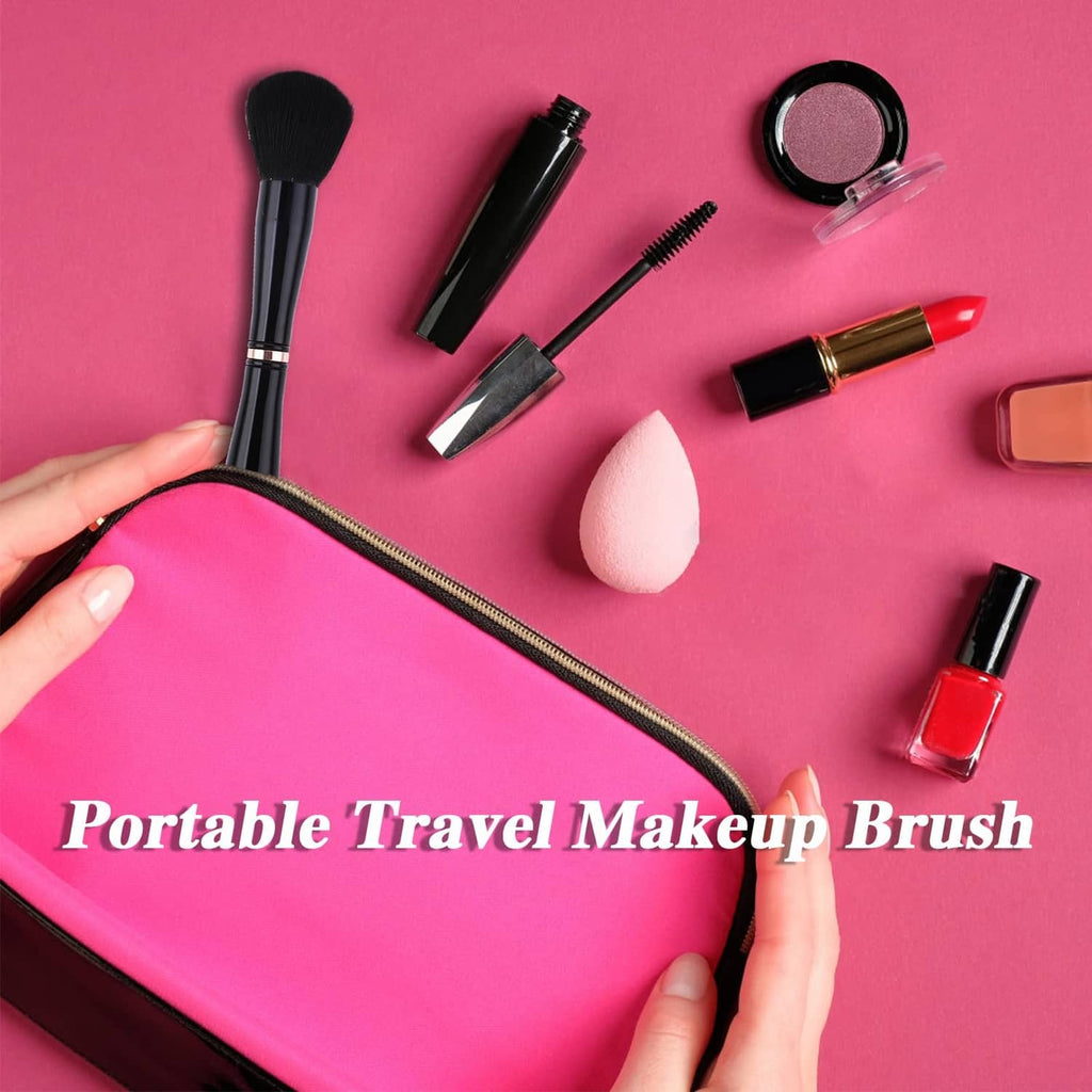 Portable travel makeup brush set with black tools and a pink zip pouch