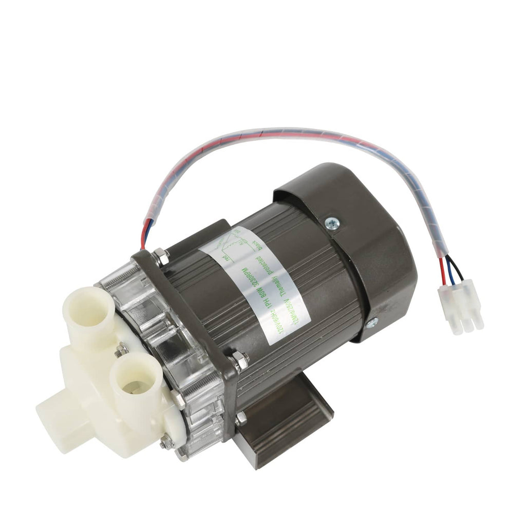 Ice machine water pump motor assembly with black motor body and white inlet outlets