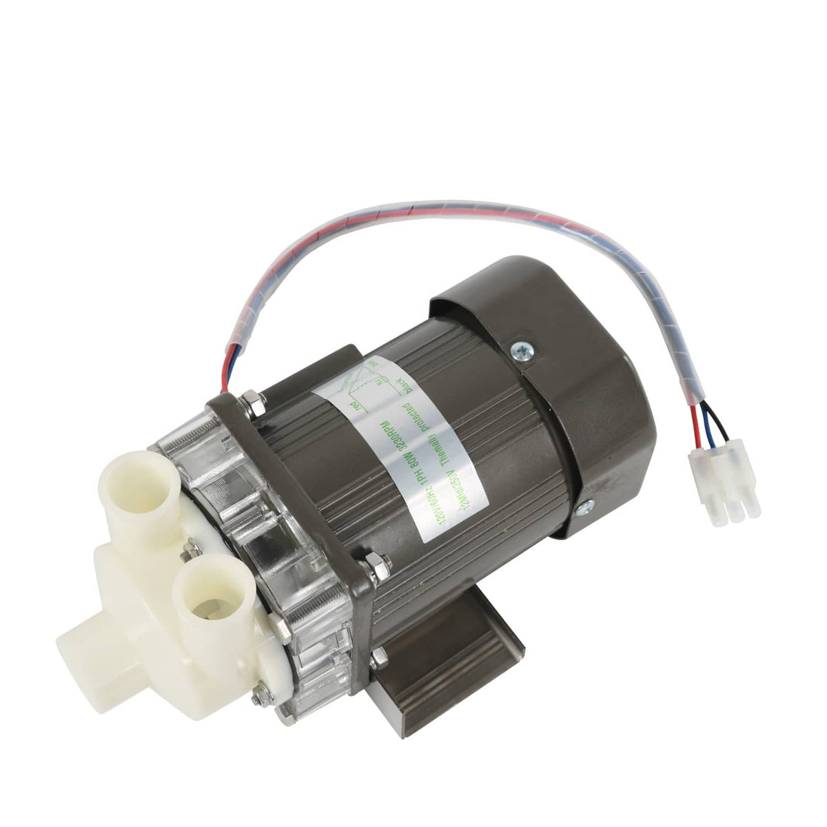 Ice machine water pump motor assembly with black motor body and white inlet outlets