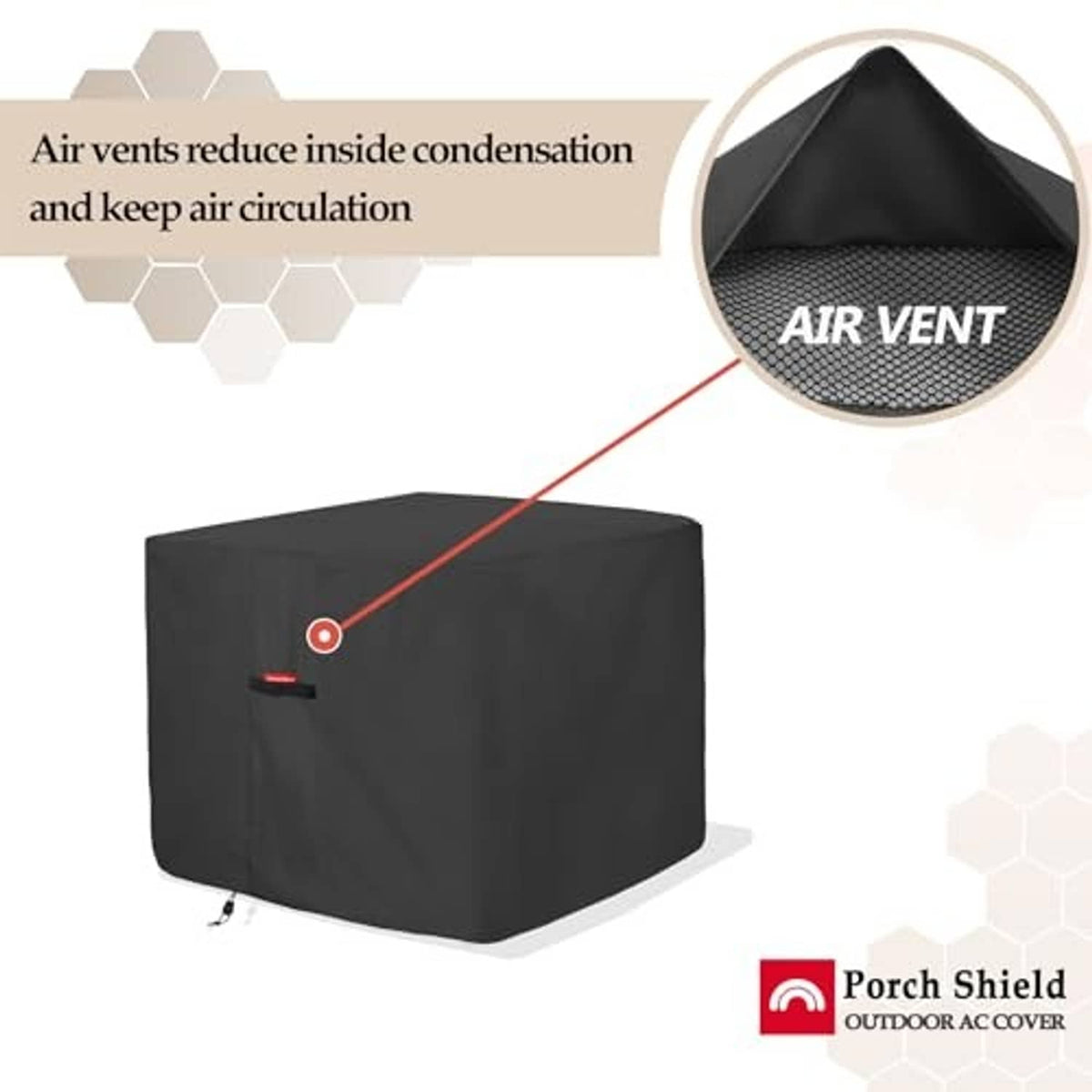 Square dark AC cover with front vent opening to reduce condensation
