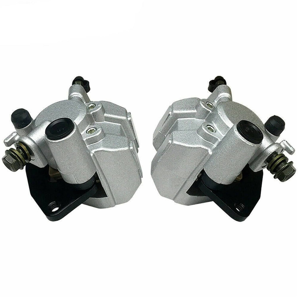 Left and right front brake calipers, silver bodies with black rubber caps