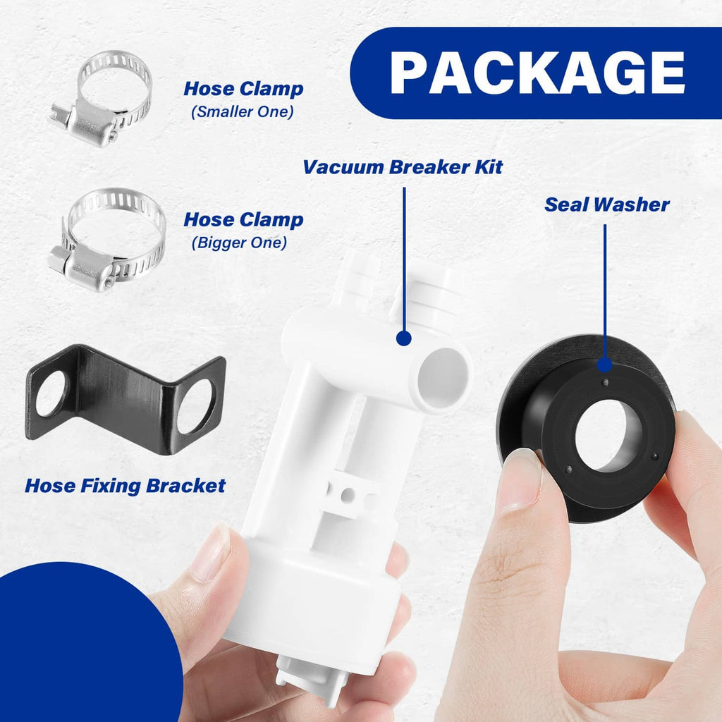 Vacuum breaker kit parts: hose clamps, black mounting bracket, seal washer, white valve