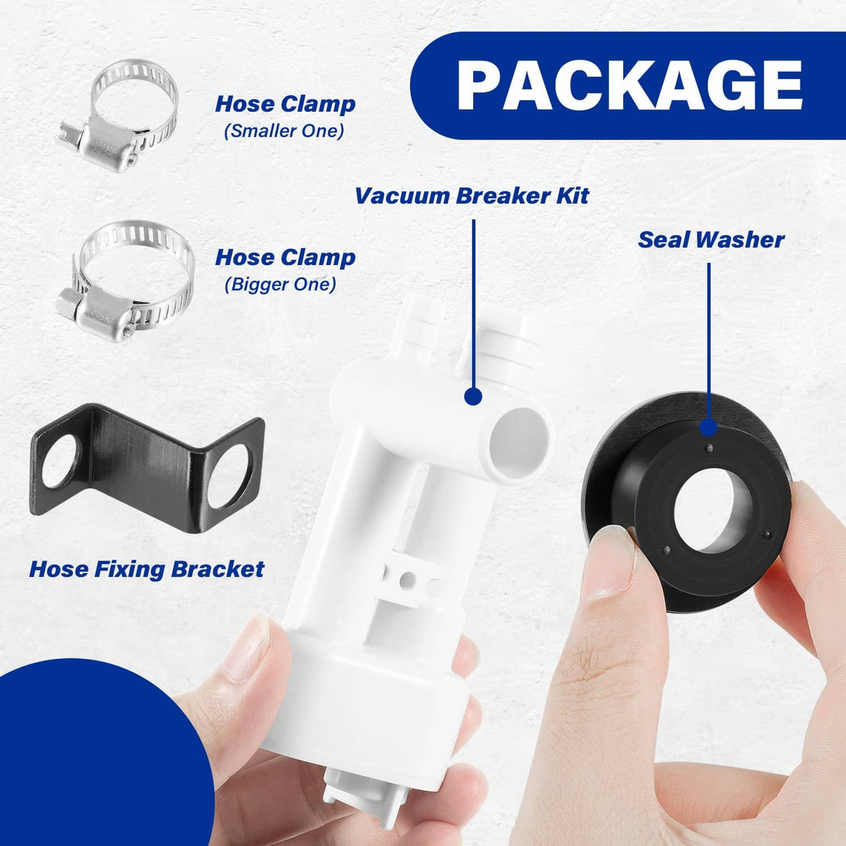 Vacuum breaker kit parts: hose clamps, black mounting bracket, seal washer, white valve