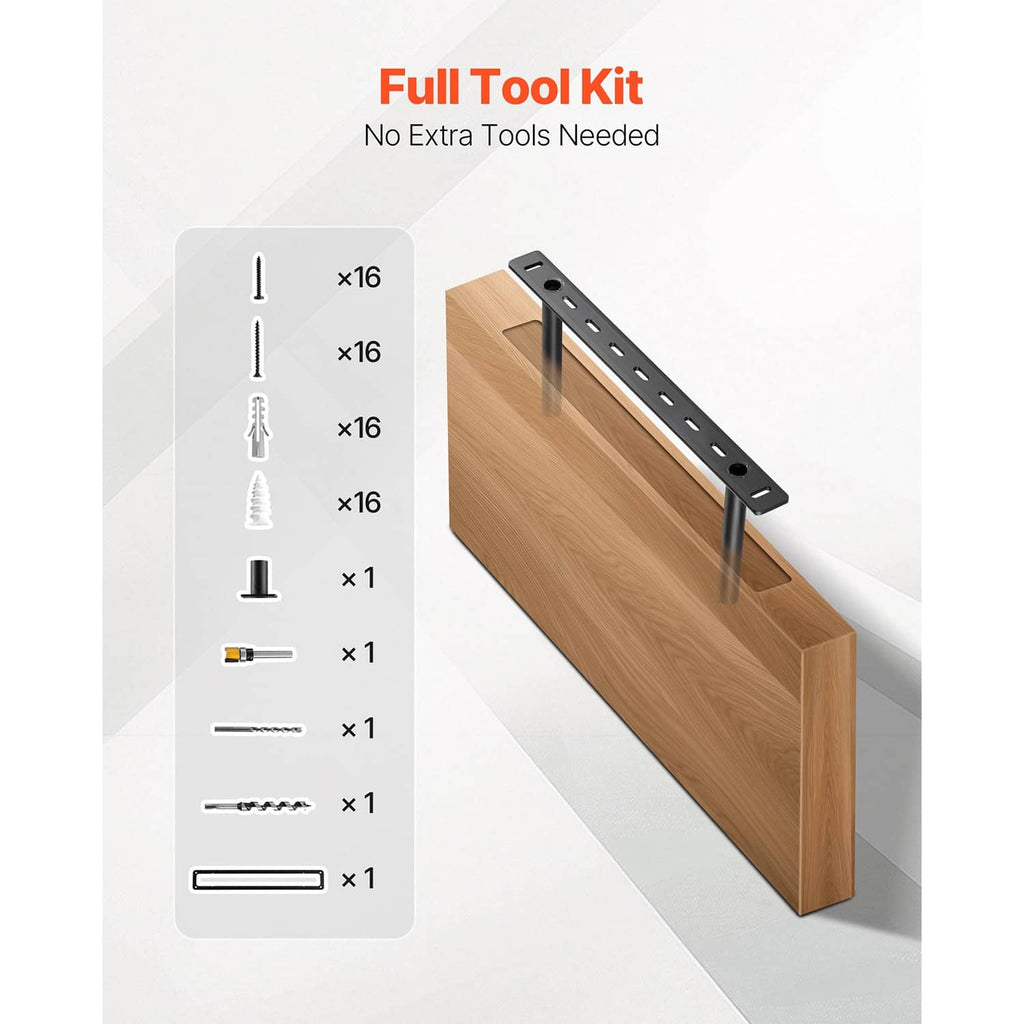 Black floating shelf bracket with light wood shelf board and shown installation hardware
