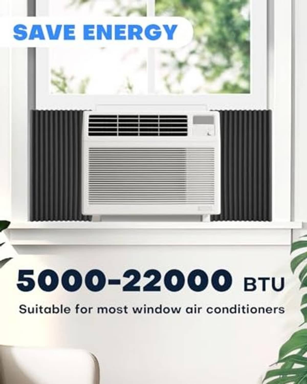 Window air conditioner side panels with black foam curtains around the unit