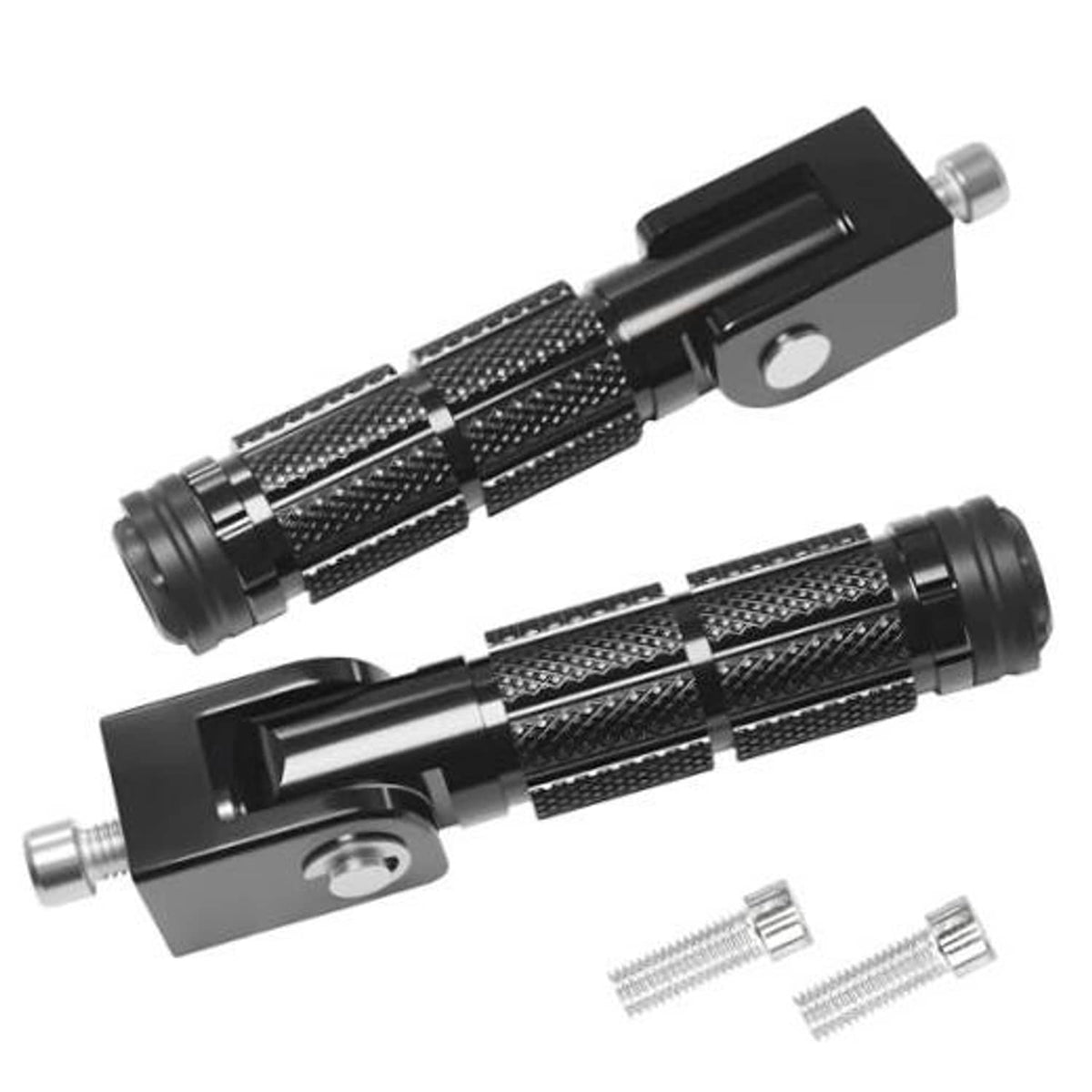Black foldable motorcycle foot pegs set with knurled grips and mounting screws