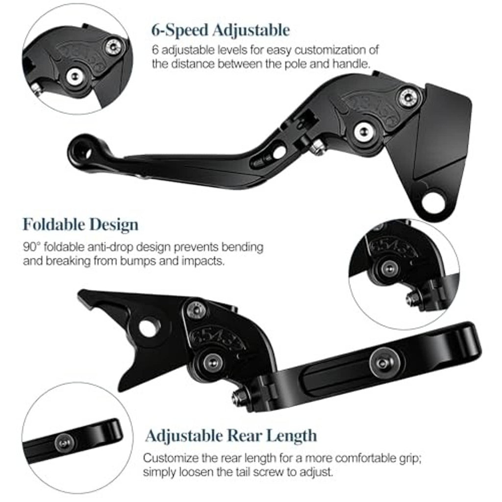 Black folding adjustable motorcycle brake and clutch lever with multi-position adjustment.