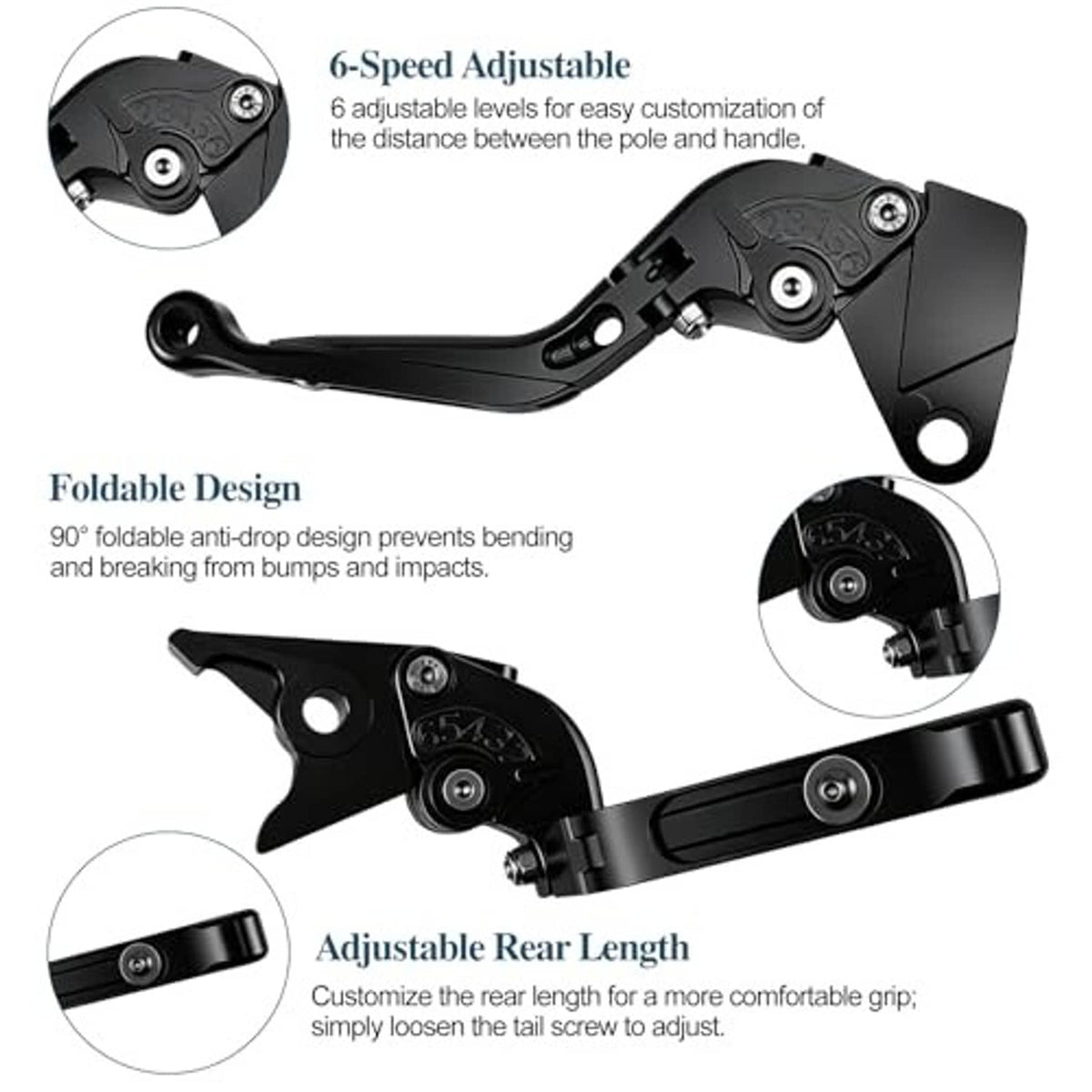 Black folding adjustable motorcycle brake and clutch lever with multi-position adjustment.