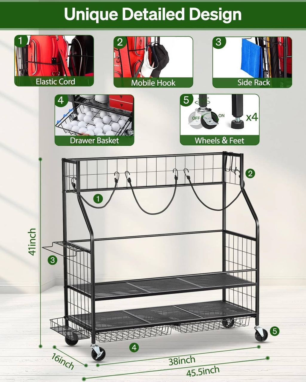 Rolling metal golf bag organizer rack with open shelves for clubs, balls, and gear
