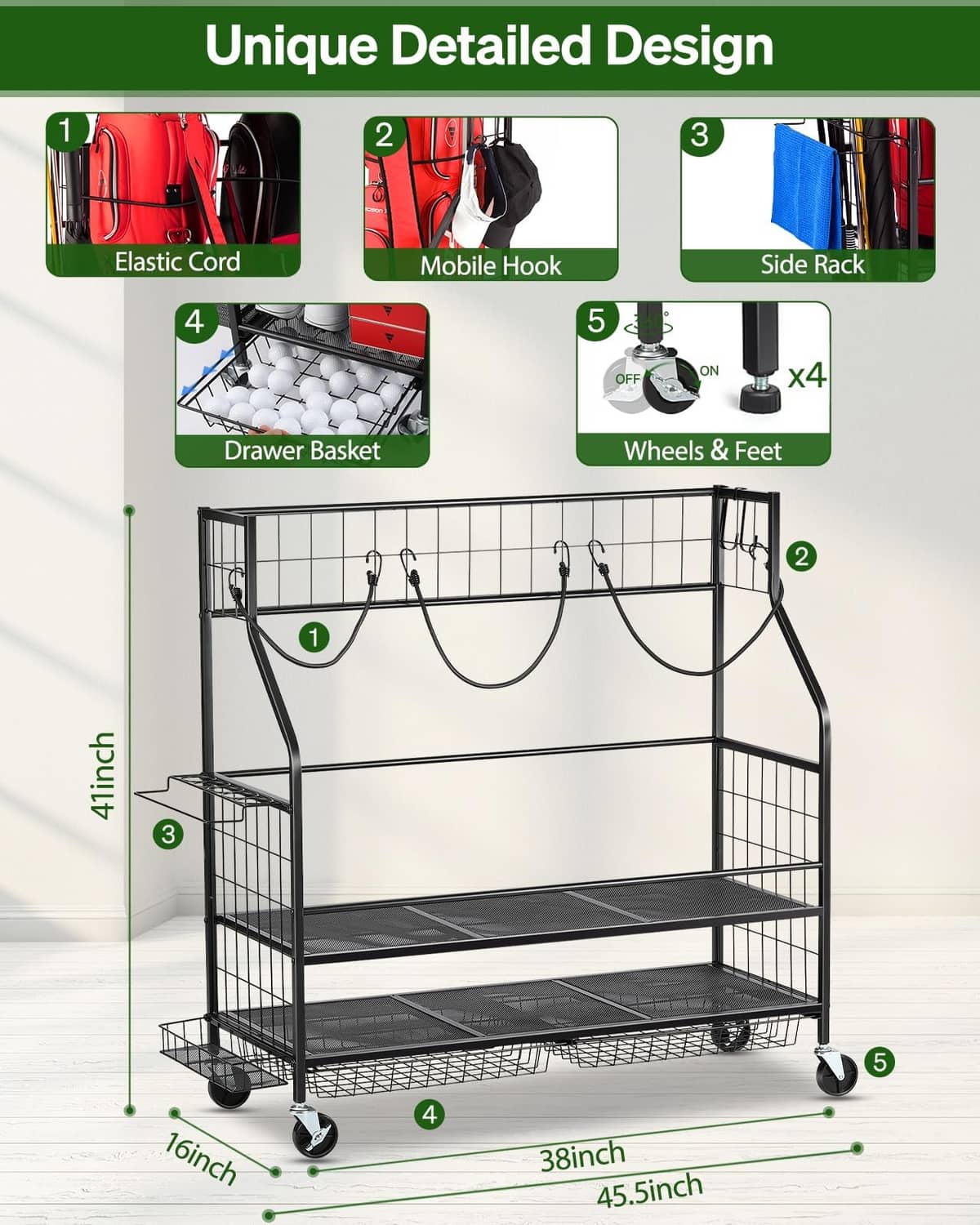 Rolling metal golf bag organizer rack with open shelves for clubs, balls, and gear