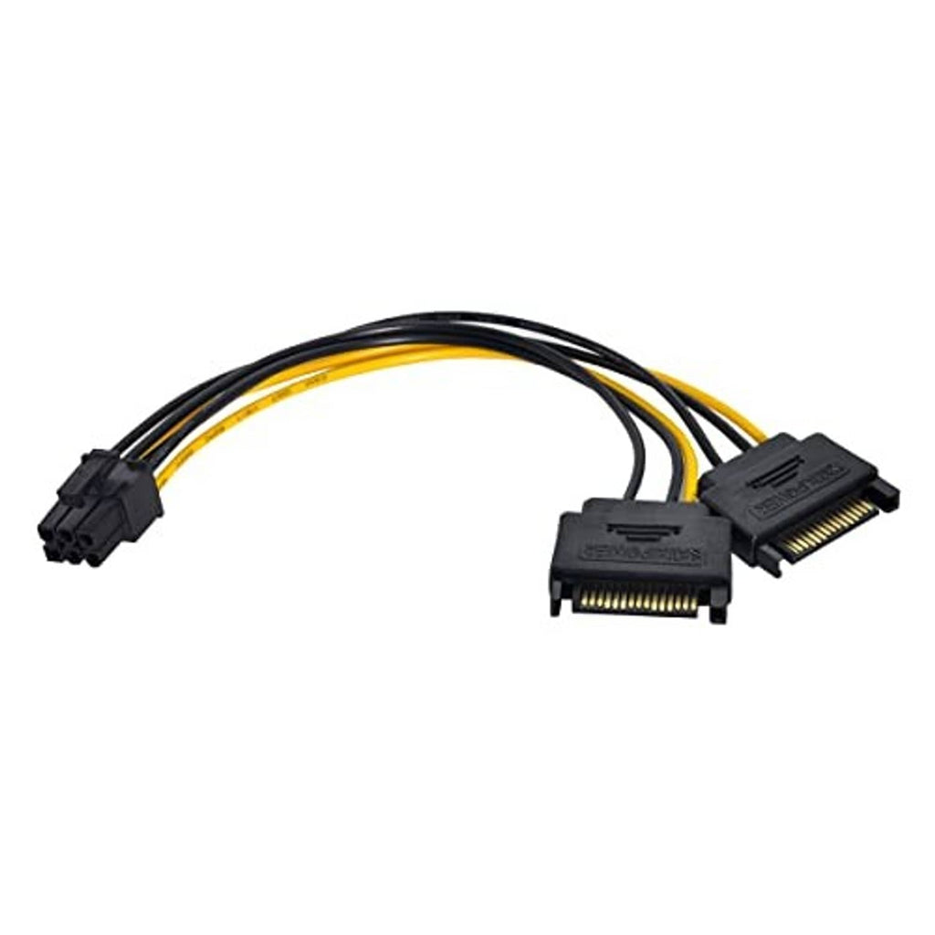 Dual SATA to PCIe 6-pin power adapter cable with two black SATA plugs and one PCIe plug