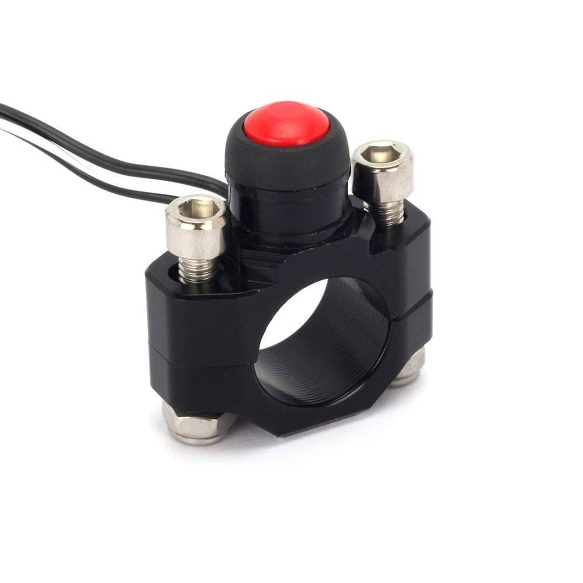 Black CNC kill switch clamp with red push button and threaded mounting studs