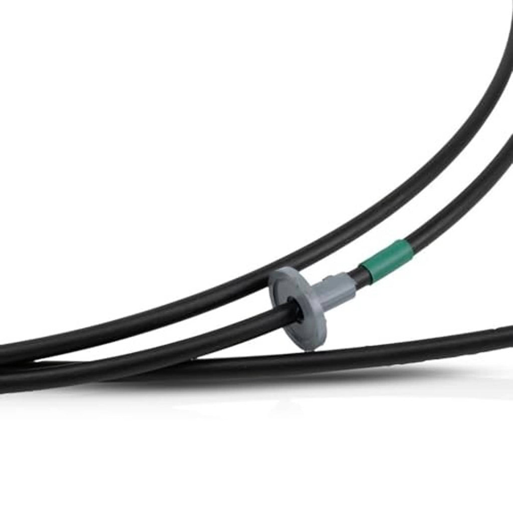 Close-up of black hood release cable with green stripe and gray connector