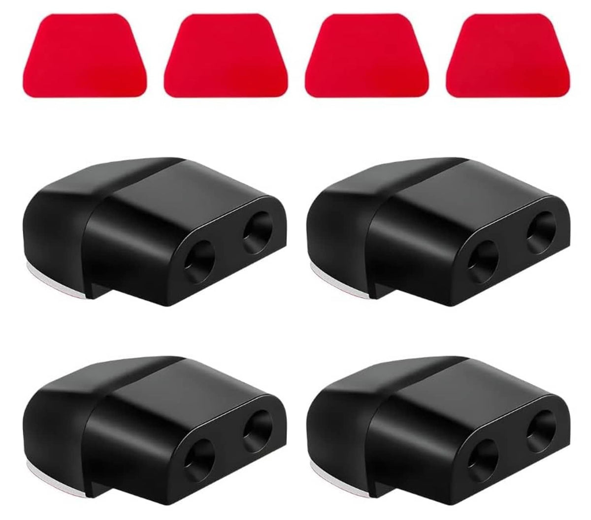 Four black deer warning whistle devices with red accent caps, angled view set.
