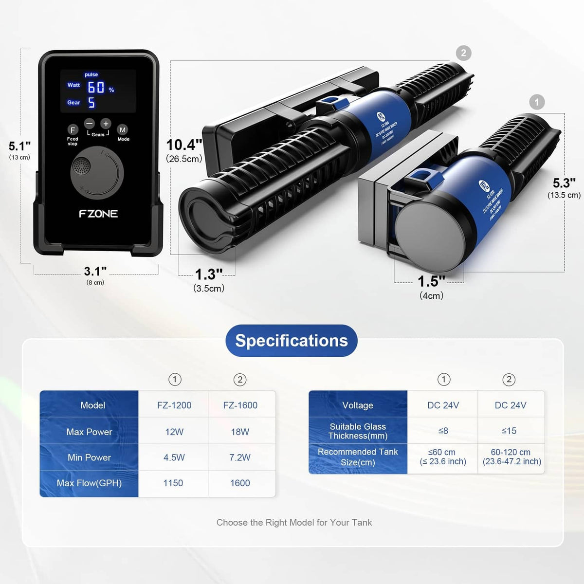 Multiple sizes of blue-and-black aquarium wave maker units with controller display