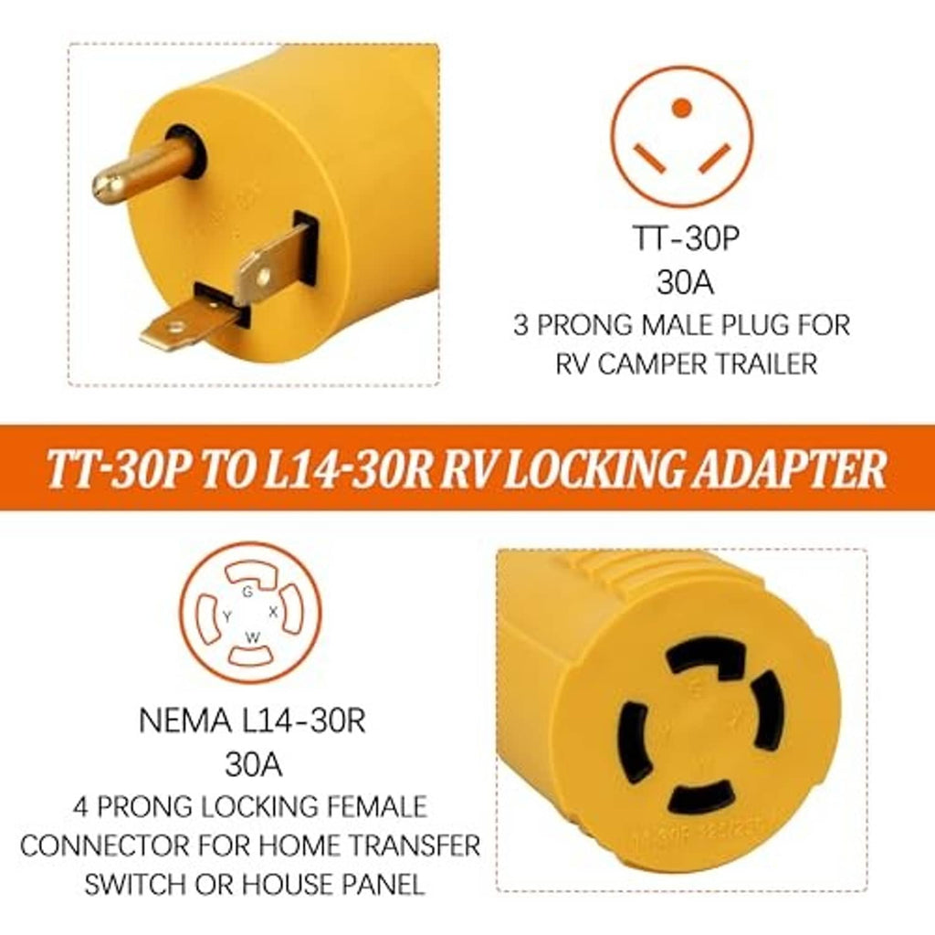 Yellow TT-30P to L14-30R locking RV power adapter with male plug and female port