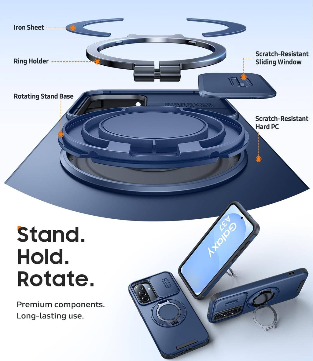 Blue ring-holder phone case with rotating stand base and scratch-resistant parts