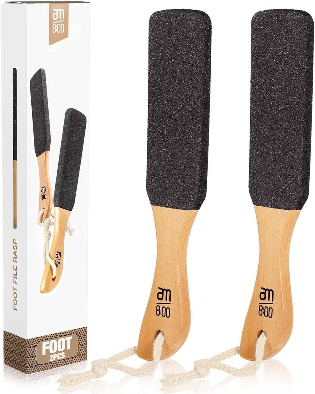 Pumice foot file with dark abrasive pad and light wooden handle, rope loop for storage.