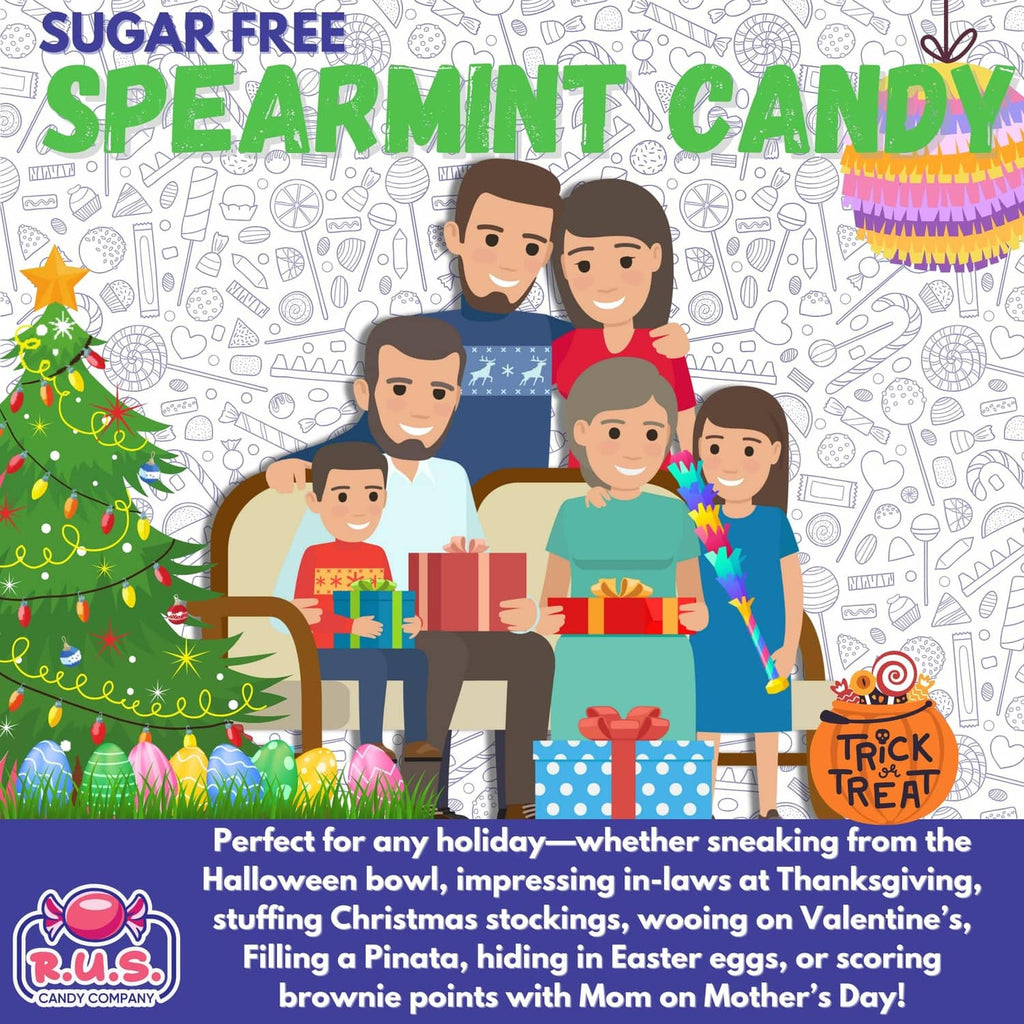 Sugar-free spearmint candy packaging graphic with a family illustration
