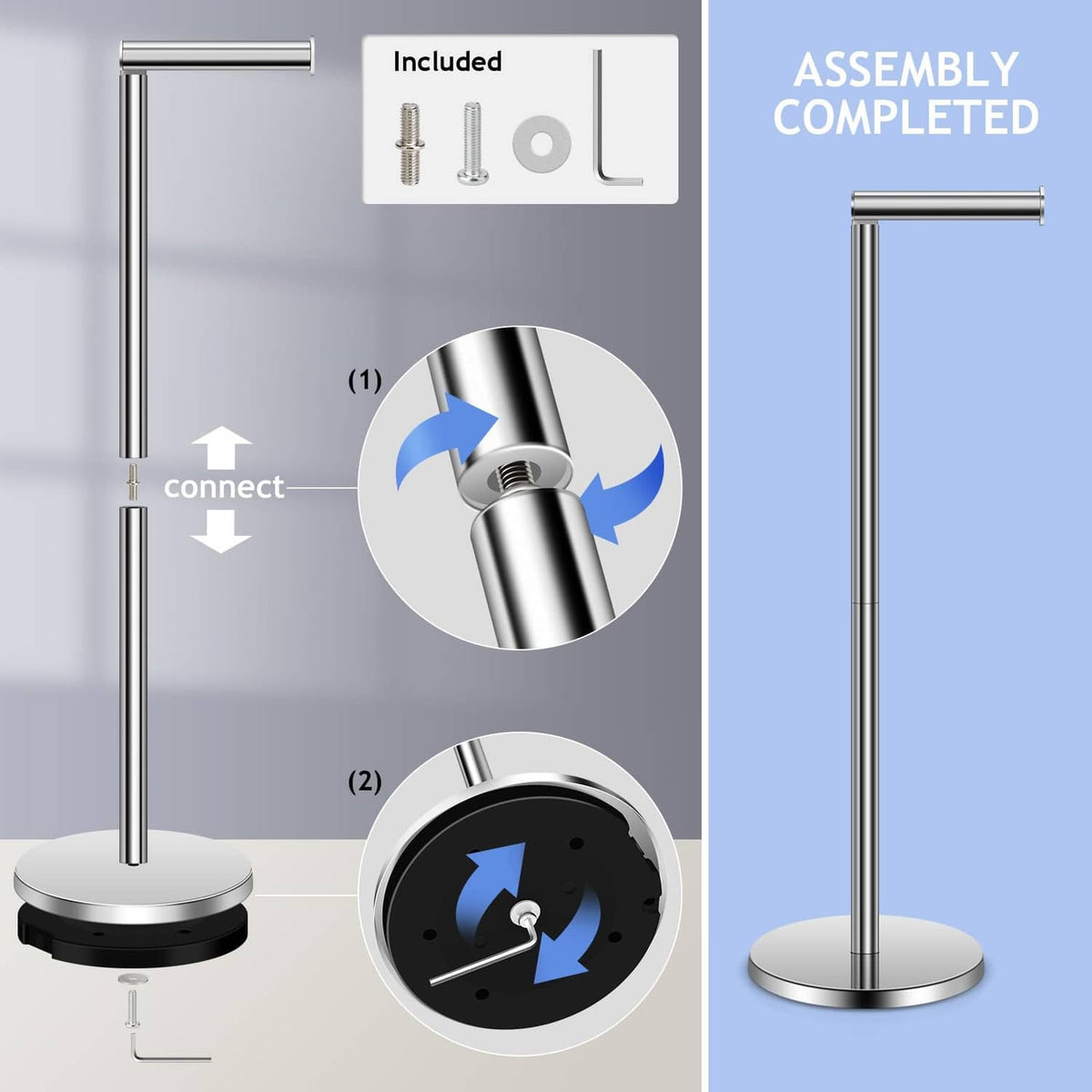 Toilet paper holder stand with chrome post and visible base for quick assembly