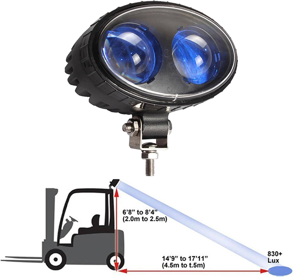 Blue dual-LED forklift warning light with mounting bracket and connected wire cable
