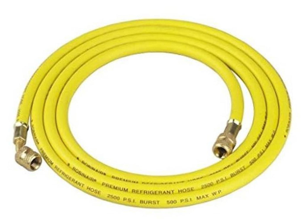Coiled yellow refrigerant charging hose with two brass fittings