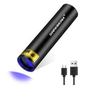 Black mini 365nm UV flashlight with lanyard cap and blue-ring lens opening