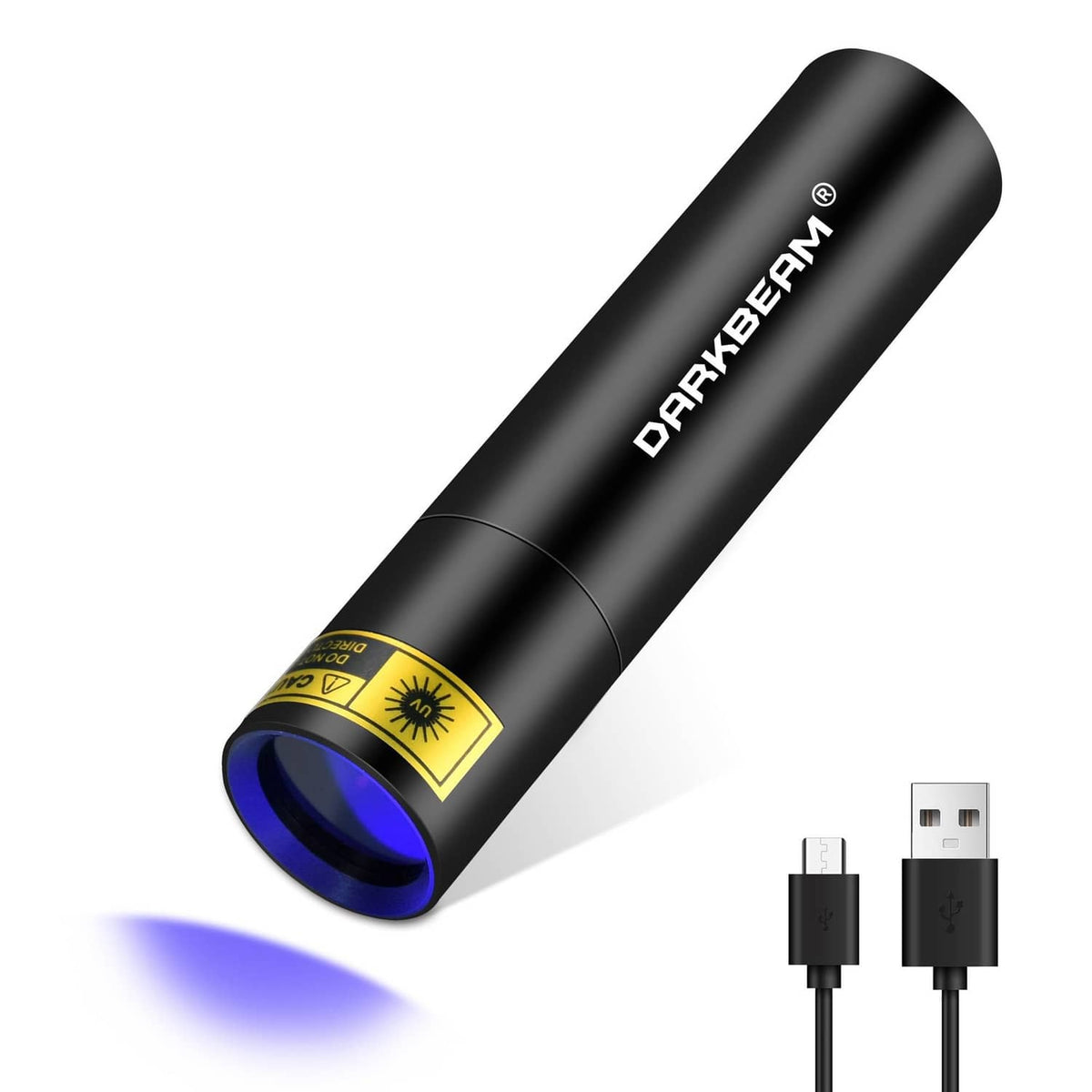 Black mini 365nm UV flashlight with lanyard cap and blue-ring lens opening