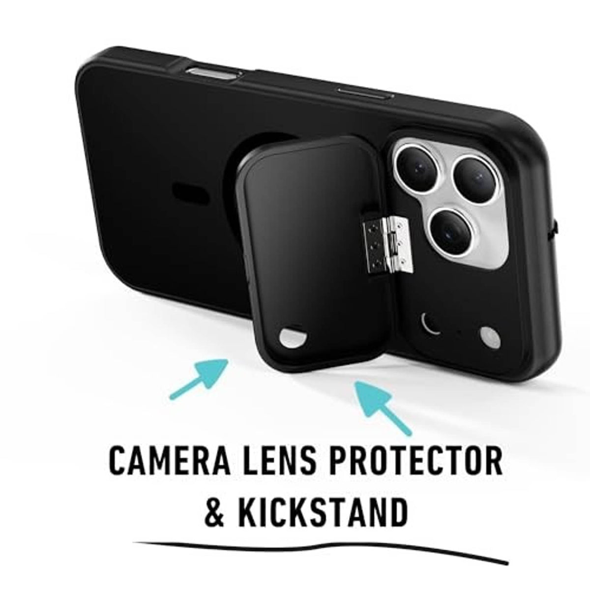 Black iPhone privacy case with camera lens protector, kickstand, and button access