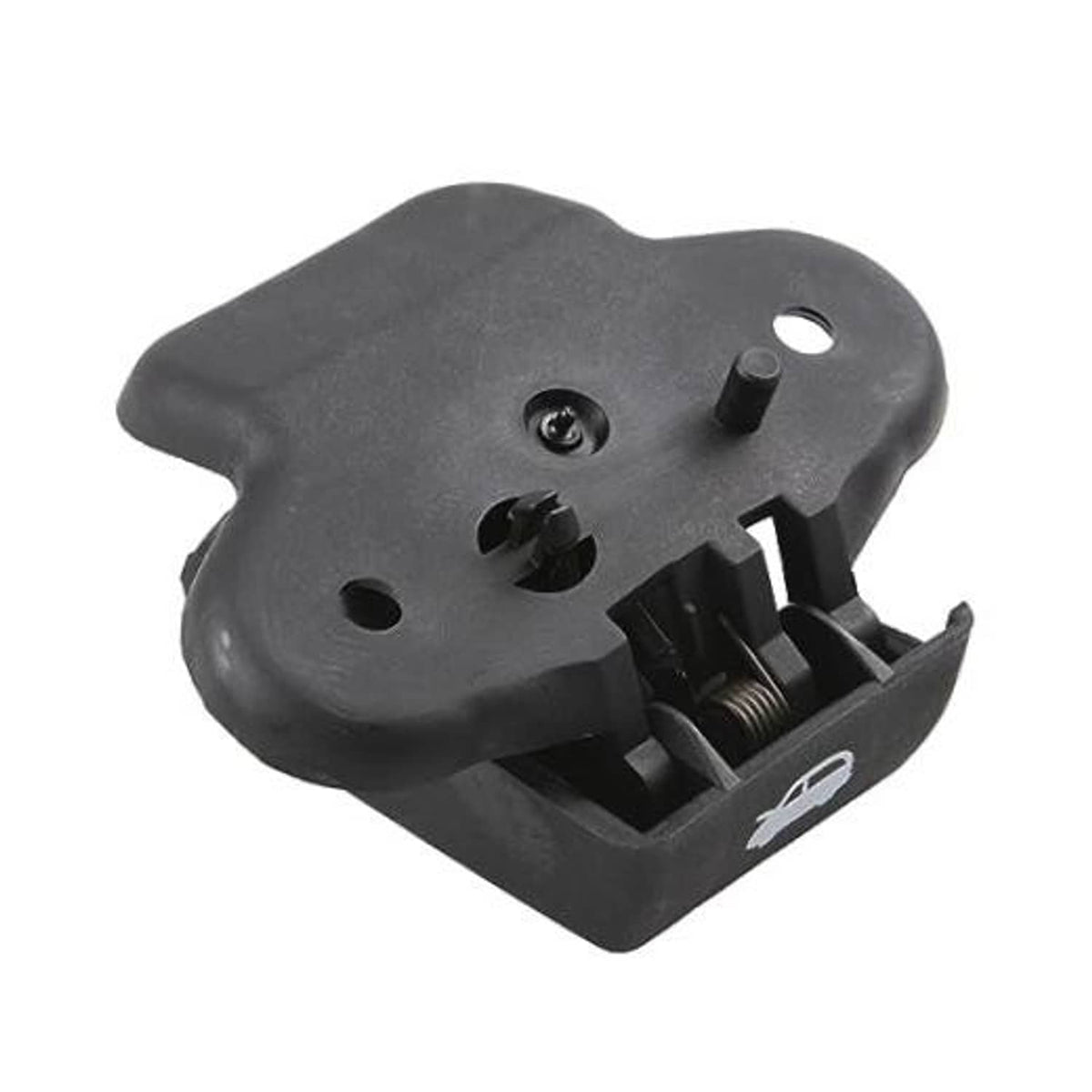 Hood release latch handle, dark plastic housing with white car icon marking