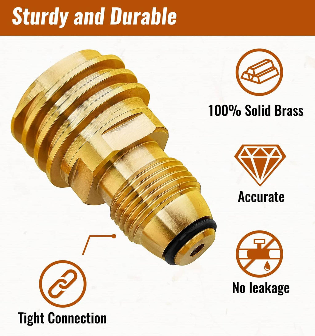 Solid brass propane tank adapter with matching threads and black O-ring seal
