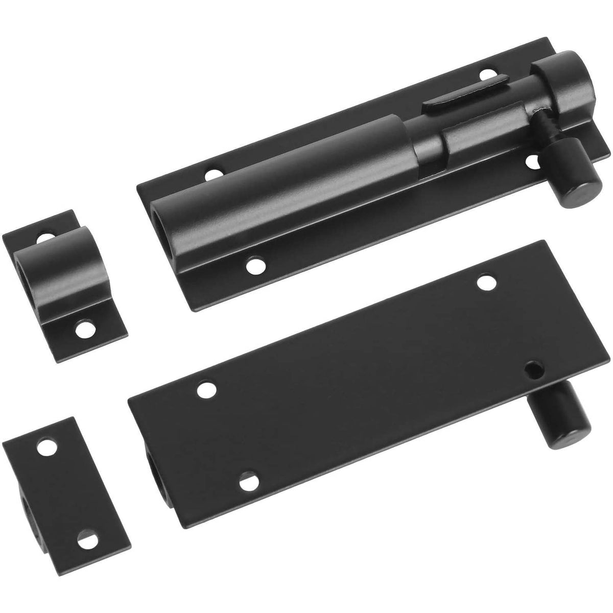 Black barrel bolt slide latch with two side plates and mounting holes