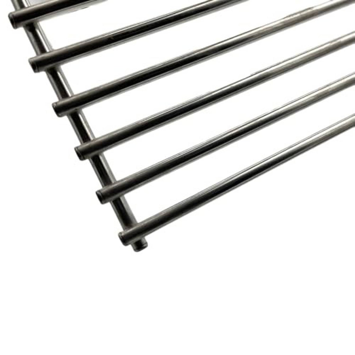 Stainless steel cooking grate bars with black end caps and metal cross supports