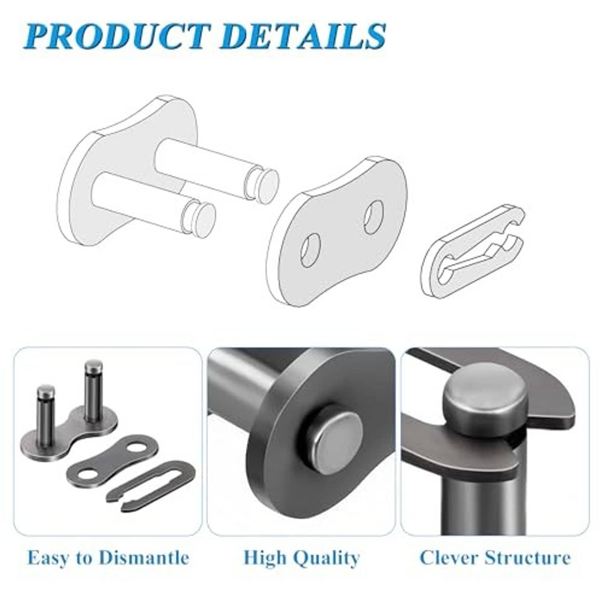 Motorcycle chain joining parts set with metal plate, connecting pins, and open link design