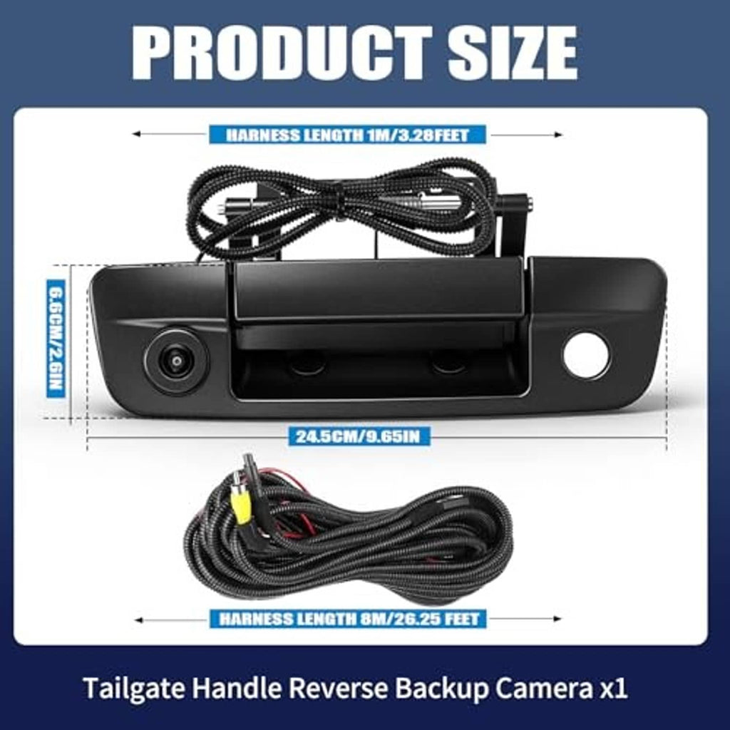 Backup camera product size diagram with harness lengths and dimensions