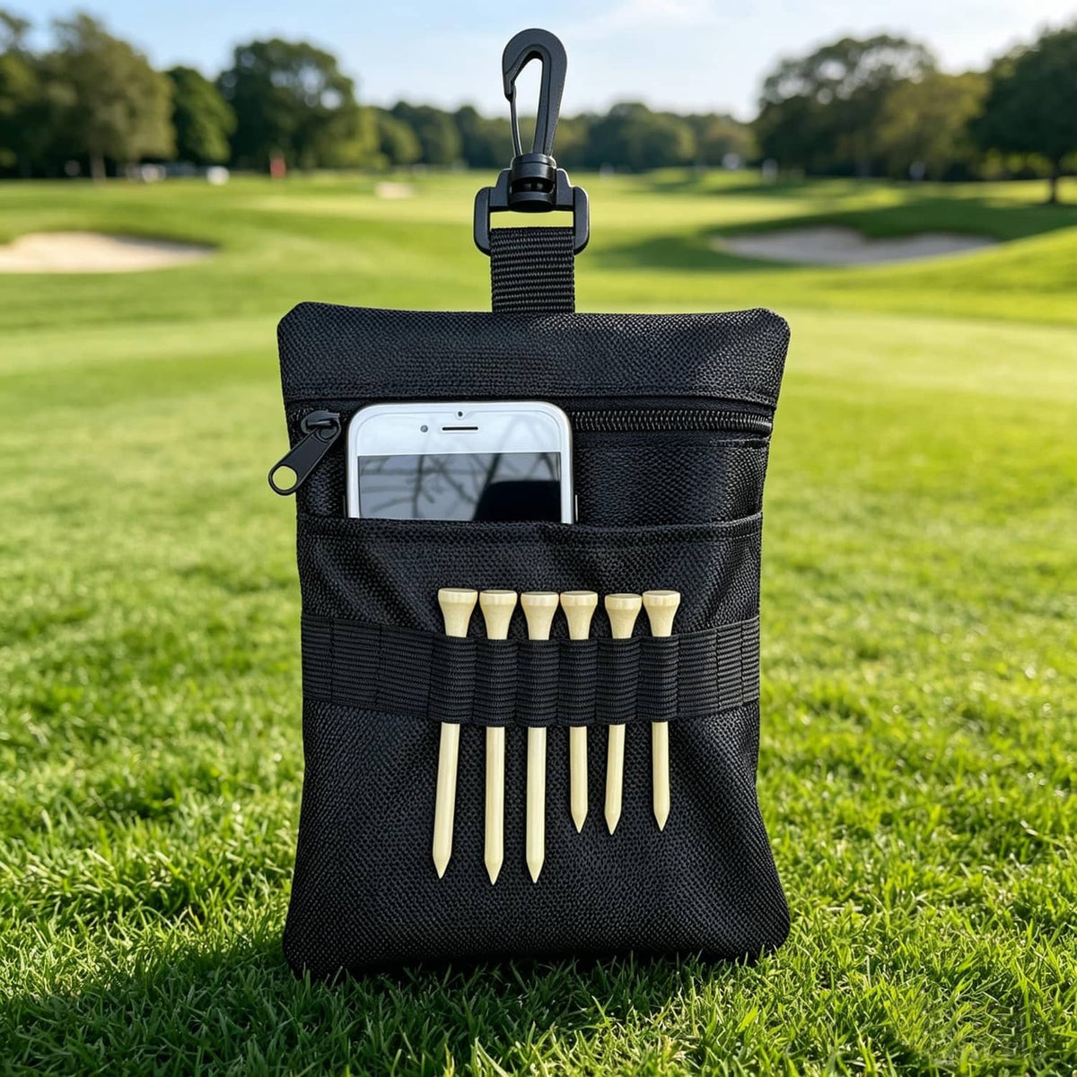 Black golf tee pouch bag with zipper pocket, phone holder, and elastic tee slots