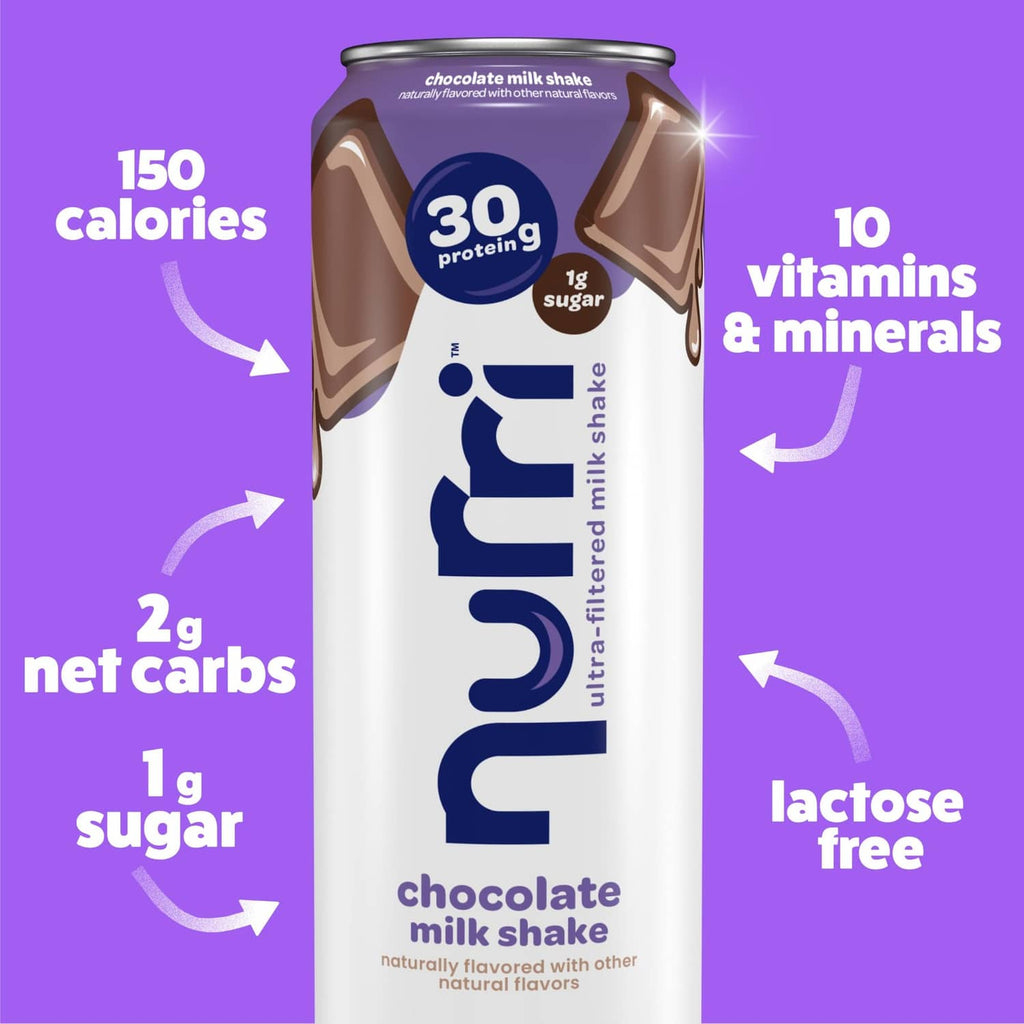 Chocolate milk shake can with front nutrition highlights and 30g protein badge