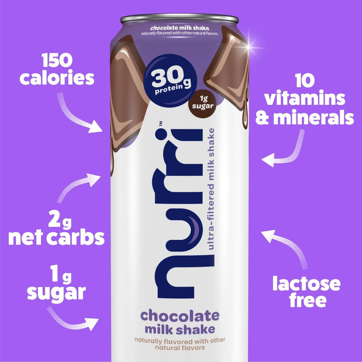 Chocolate milk shake can with front nutrition highlights and 30g protein badge