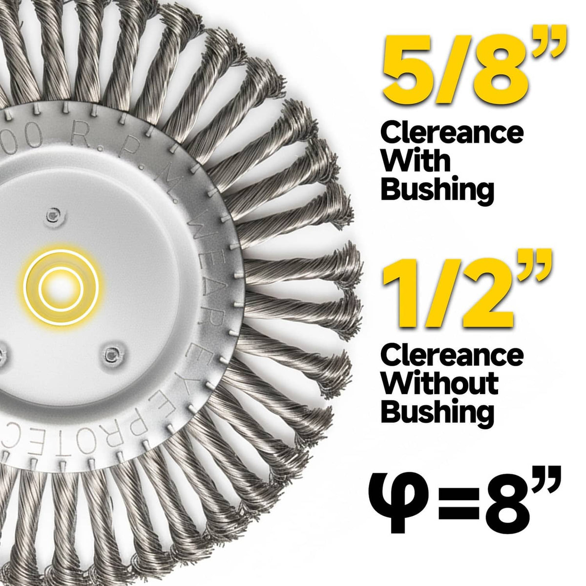 Twisted stainless steel wire wheel disc with mounting hub and dense wire bristles