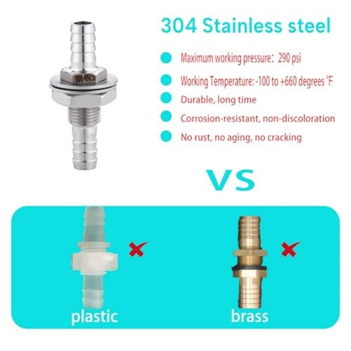 304 stainless steel hose barb bulkhead fitting, hex flange with threaded connection