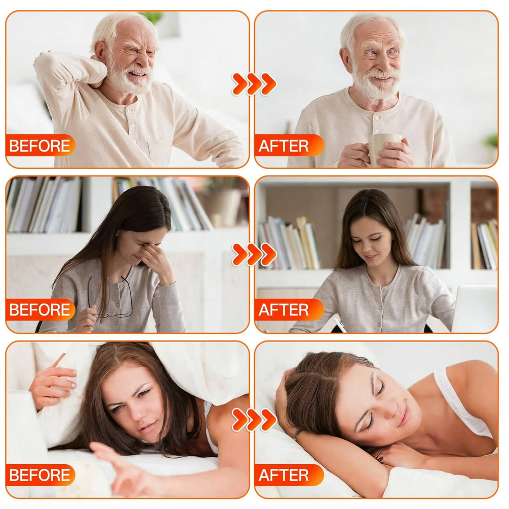 Before-and-after health comparison collage with orange before and after labels