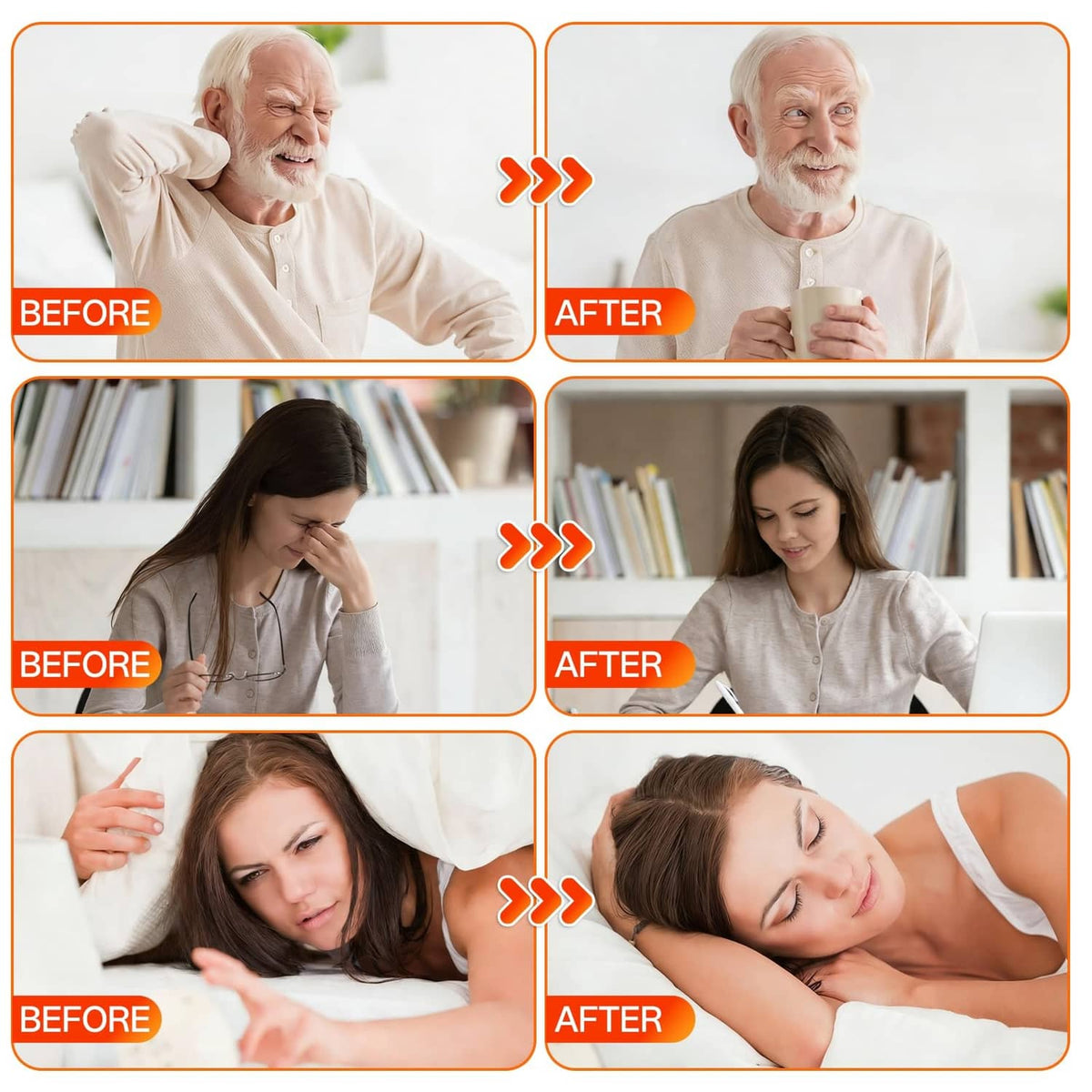 Before-and-after health comparison collage with orange before and after labels