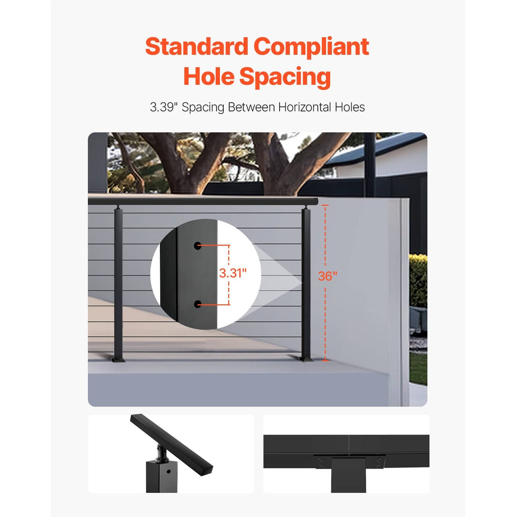 Cable railing post with standard compliant hole spacing for horizontal cables