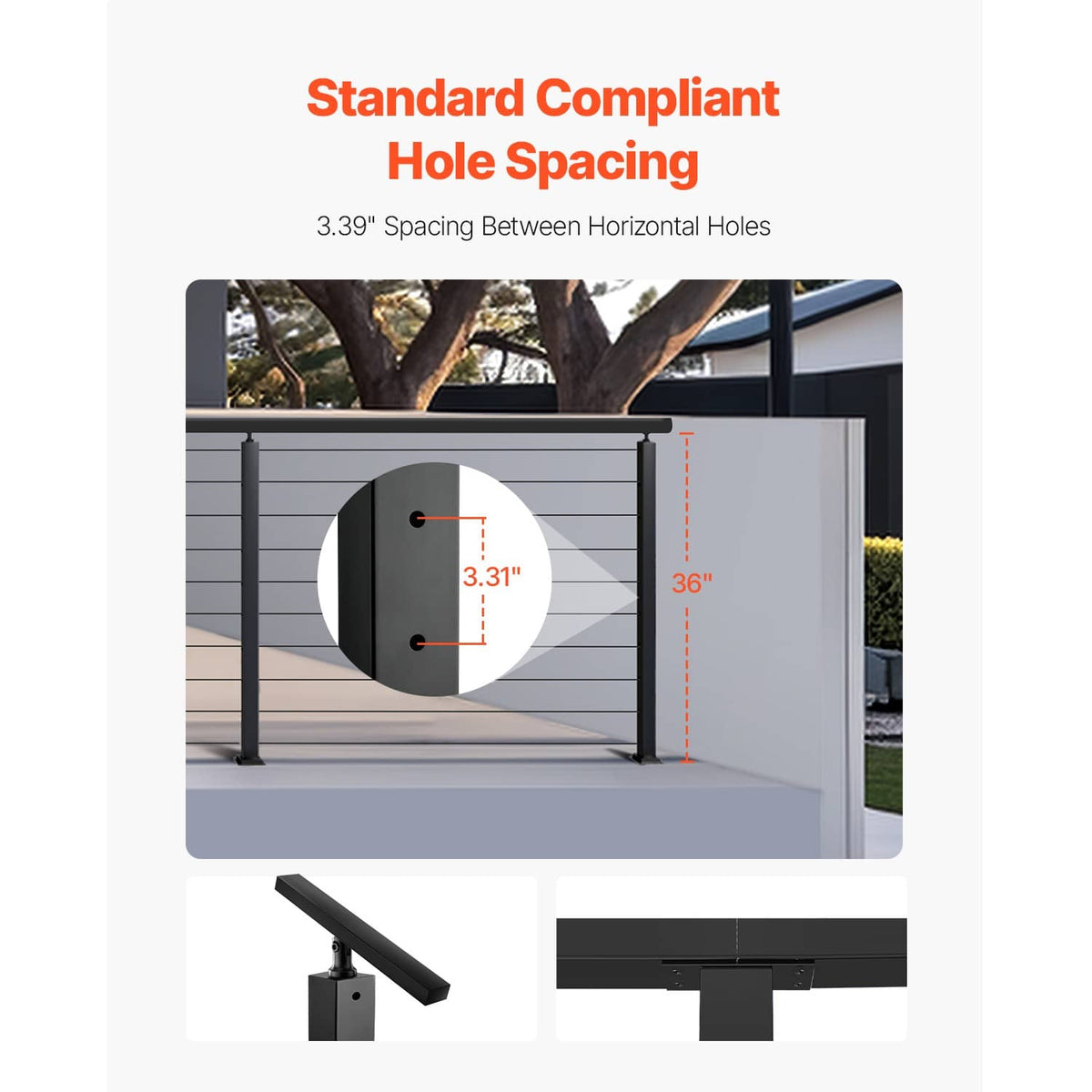 Cable railing post with standard compliant hole spacing for horizontal cables