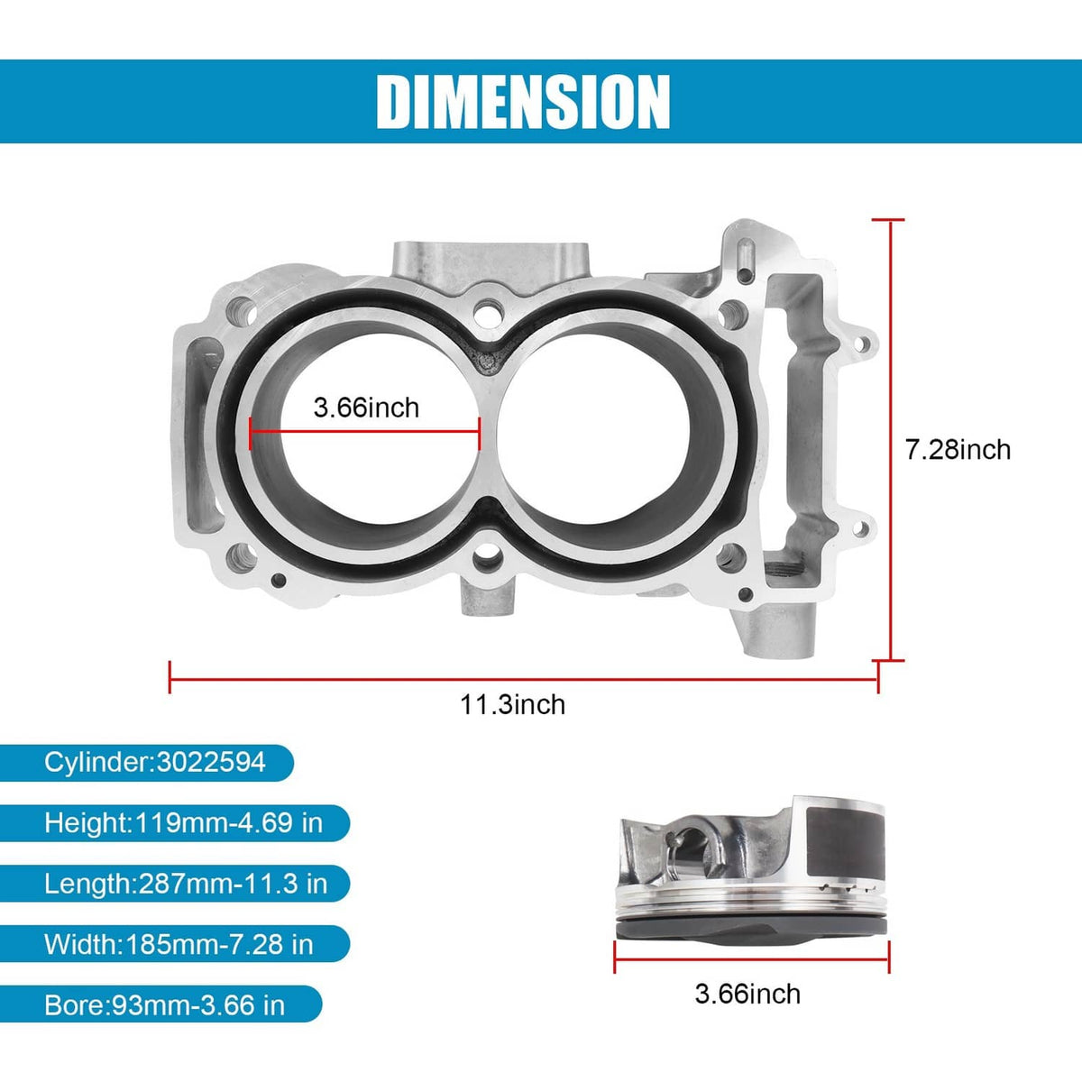 Cylinder and piston gasket diagram with bore and overall size markings